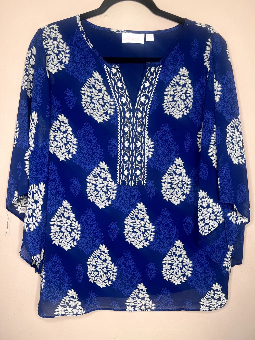 Belle by Kim Gravel Blue Paisley Poncho Caftan Top NWOT S Small